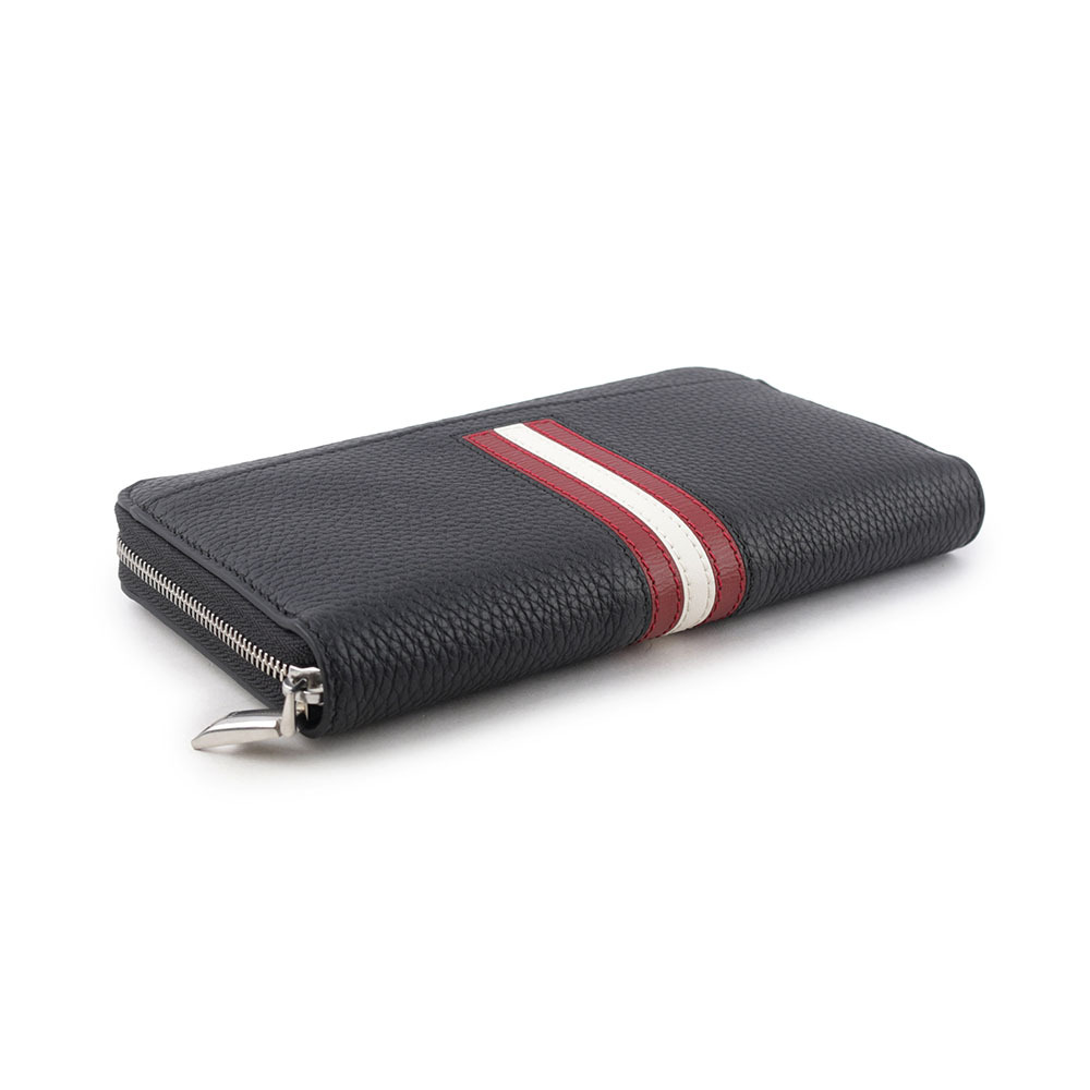 【BALLY】Ribbon 紅白條紋牛皮ㄇ形拉鍊長夾(黑色) 6306561