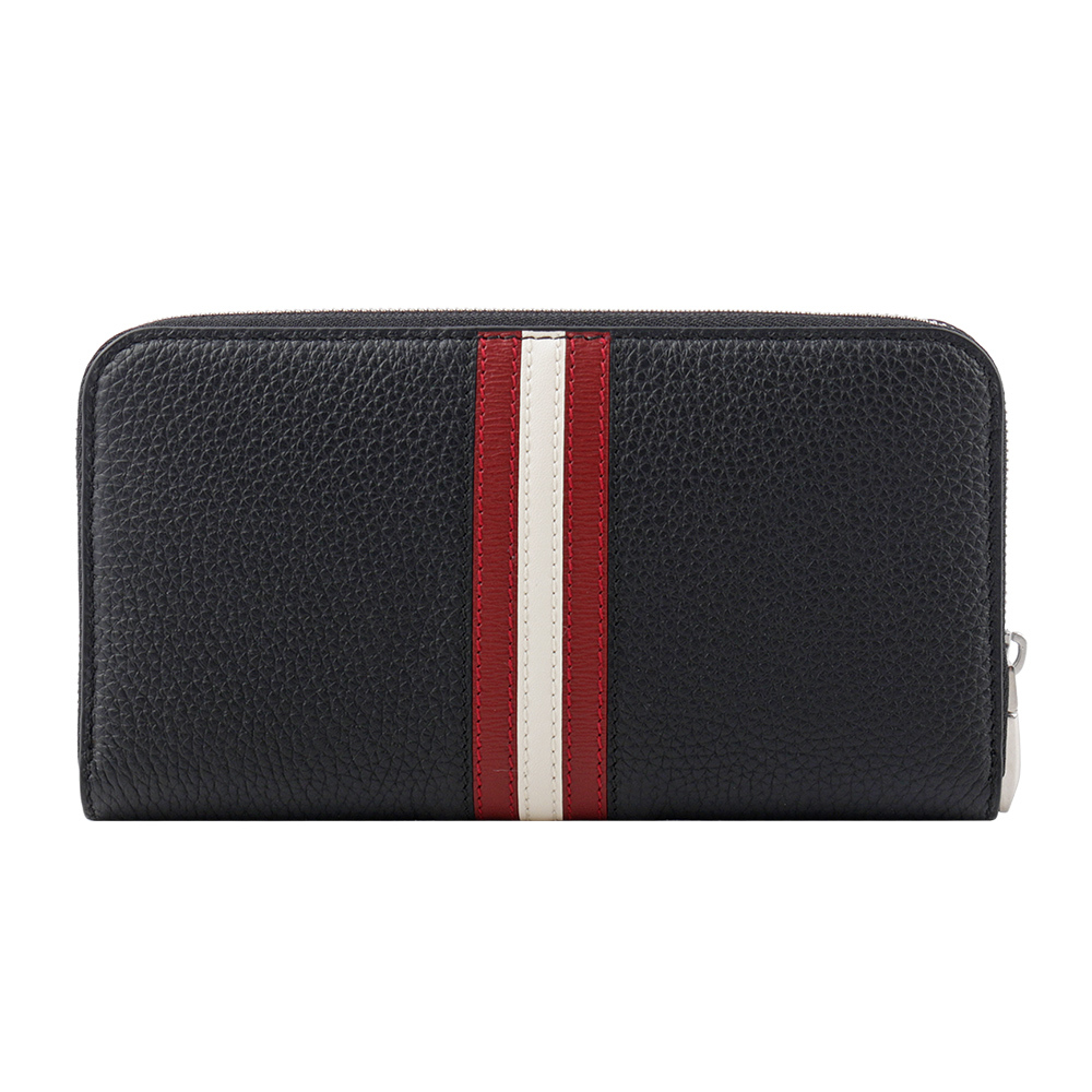【BALLY】Ribbon 紅白條紋牛皮ㄇ形拉鍊長夾(黑色) 6306561