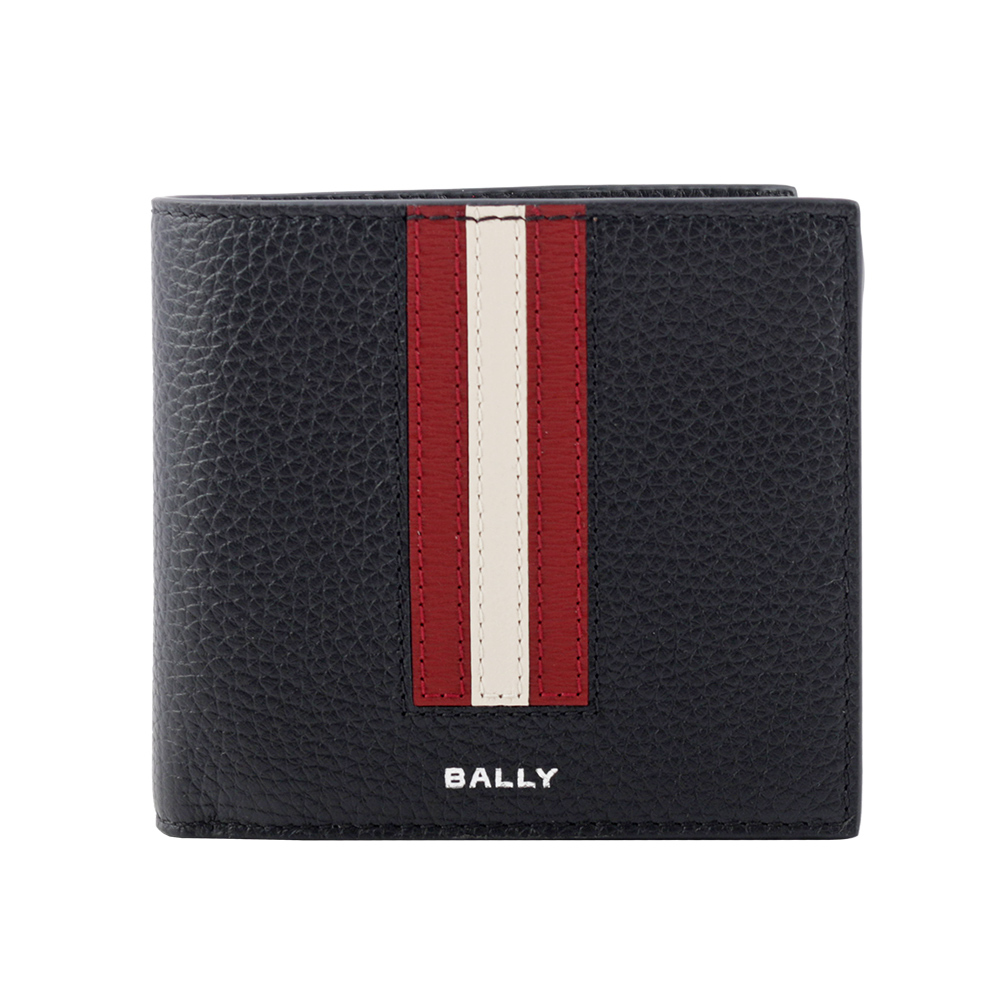 【BALLY】Ribbon 紅白條紋牛皮對開零錢袋短夾(黑色) 6307069
