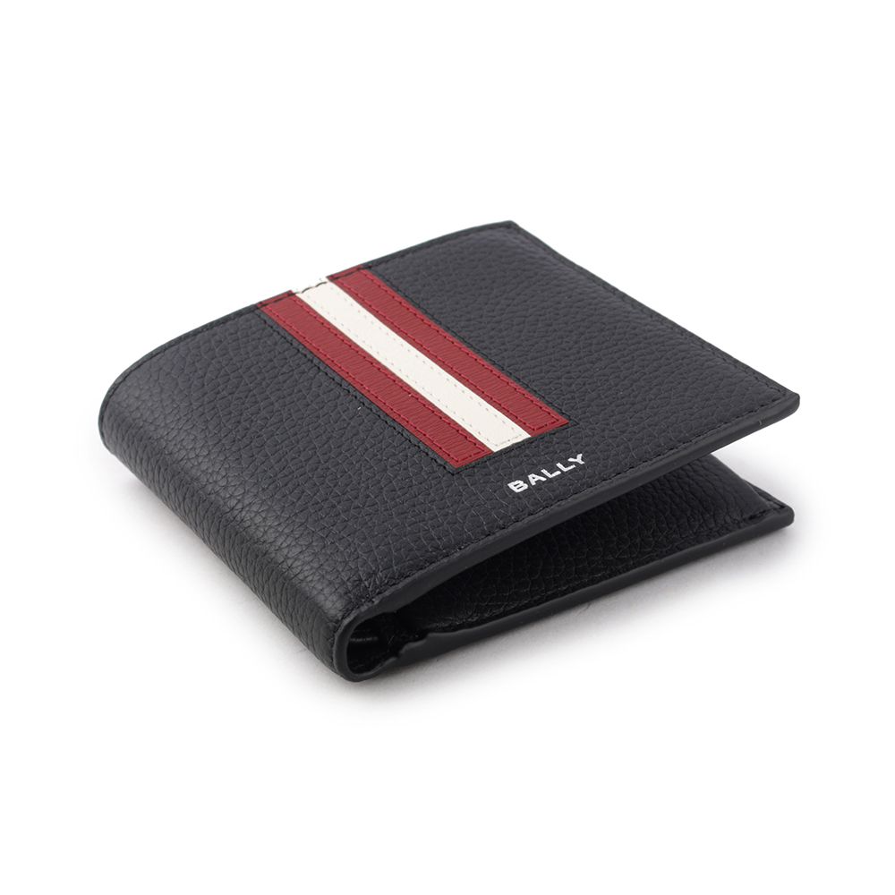 【BALLY】Ribbon 紅白條紋牛皮對開零錢袋短夾(黑色) 6307069