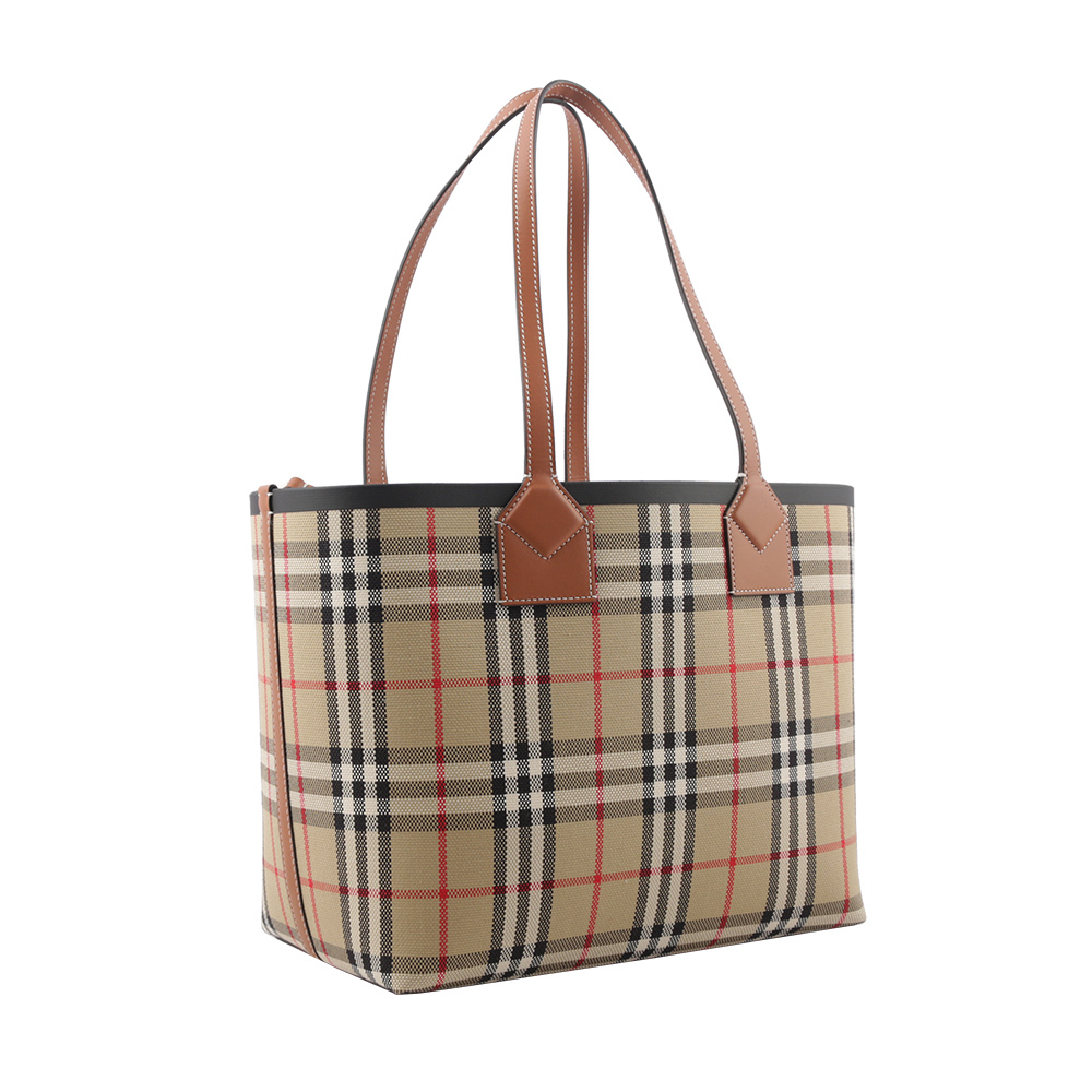 【BURBERRY】London 經典格紋棉質帆布小型托特包(石楠木棕/黑色) 8066163 A9534