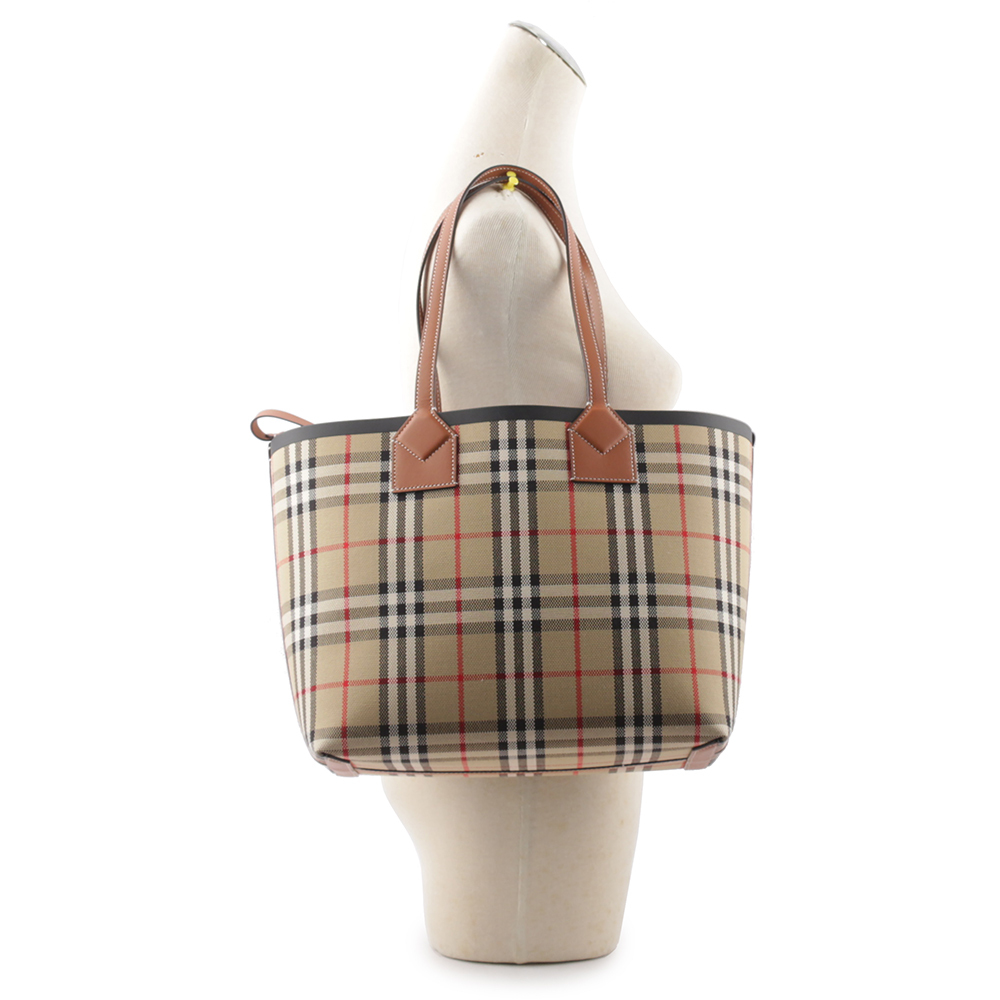 【BURBERRY】London 經典格紋棉質帆布小型托特包(石楠木棕/黑色) 8066163 A9534