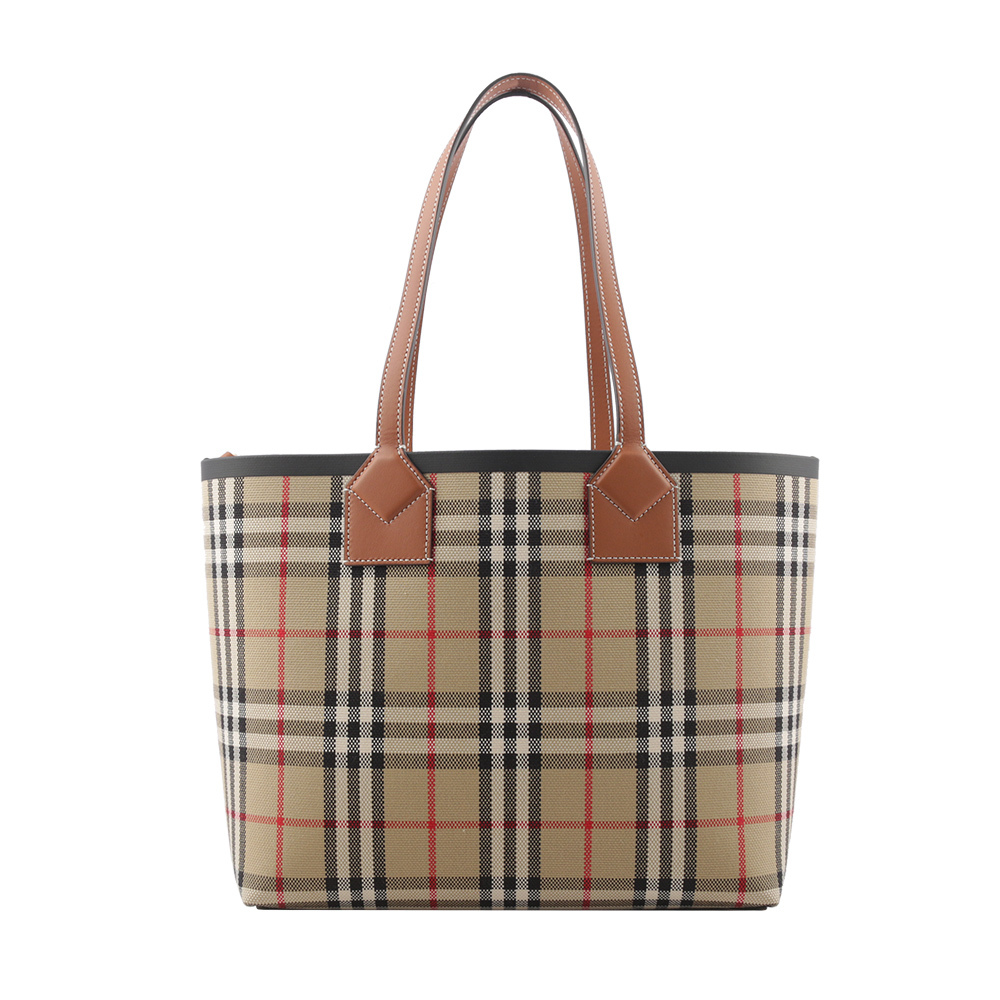 【BURBERRY】London 經典格紋棉質帆布小型托特包(石楠木棕/黑色) 8066163 A9534