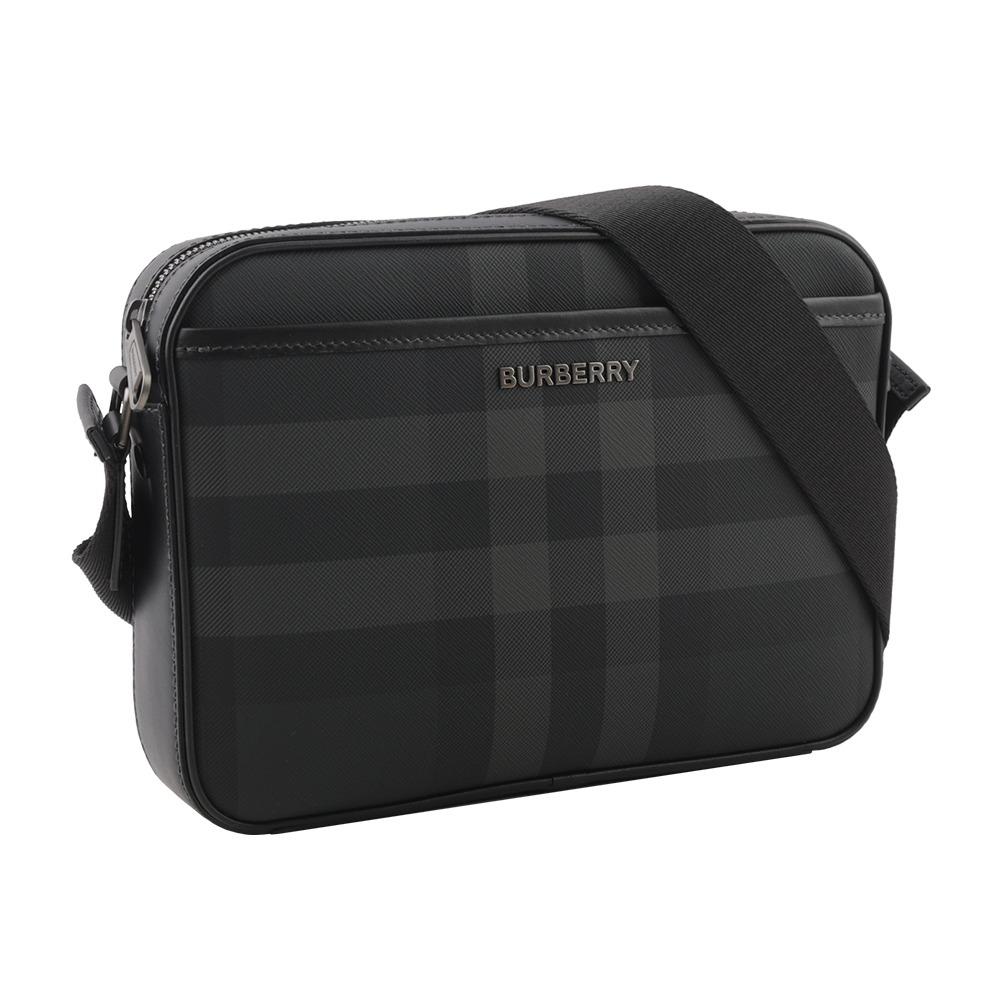 【BURBERRY】Muswell 格紋帆布及牛皮拉鍊斜背包