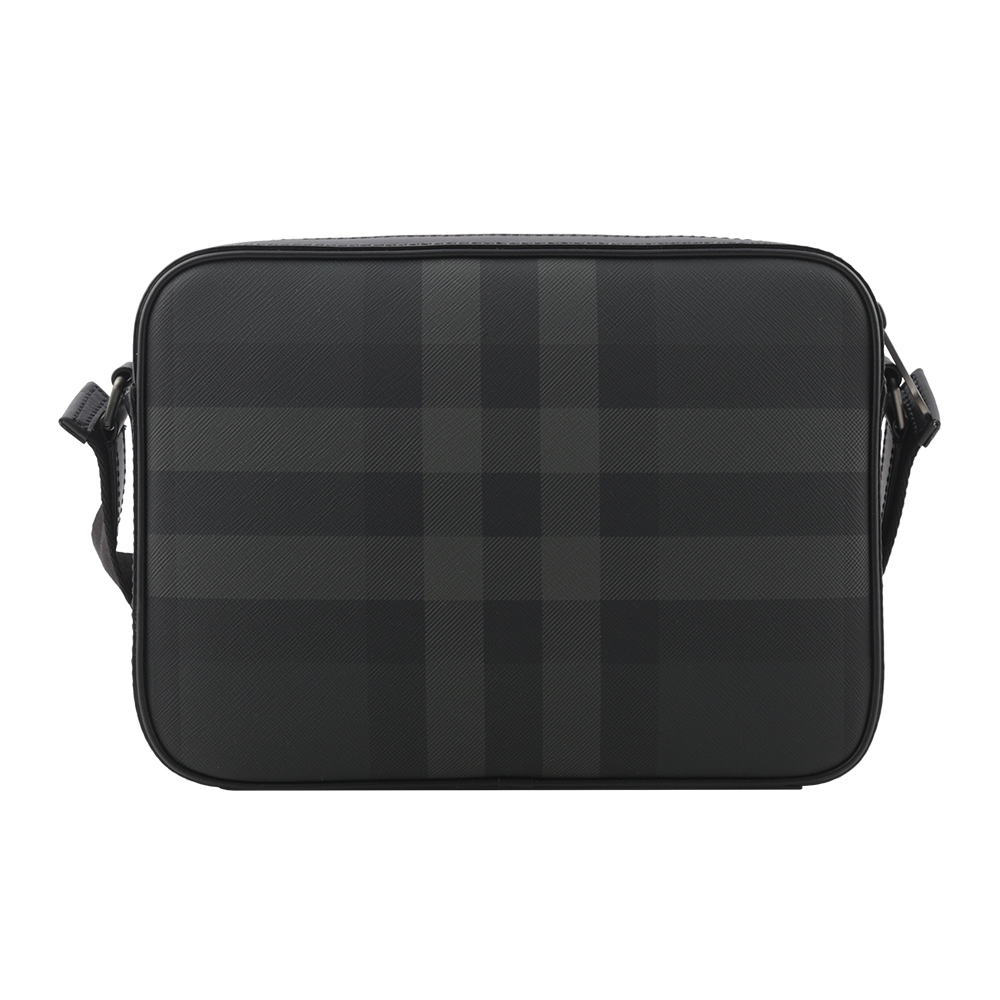 【BURBERRY】Muswell 格紋帆布及牛皮拉鍊斜背包(炭灰色) 8068588