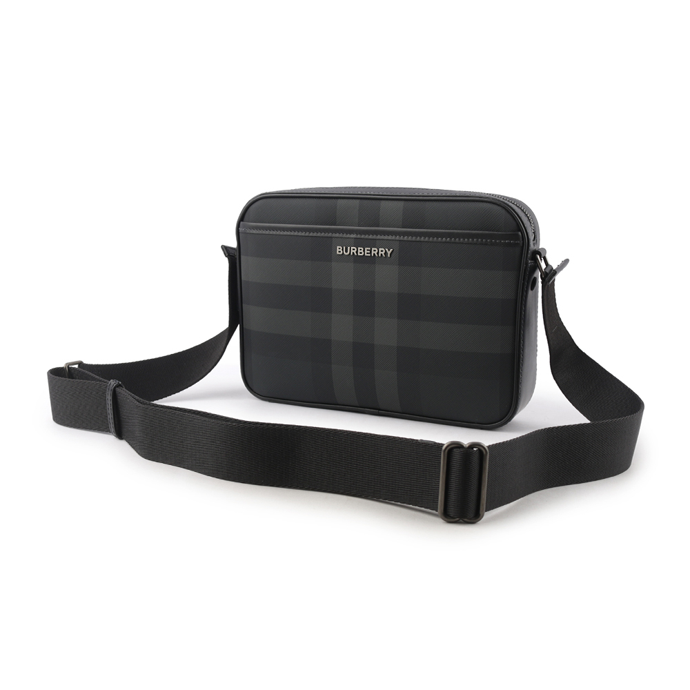 【BURBERRY】Muswell 格紋帆布及牛皮拉鍊斜背包(炭灰色) 8068588