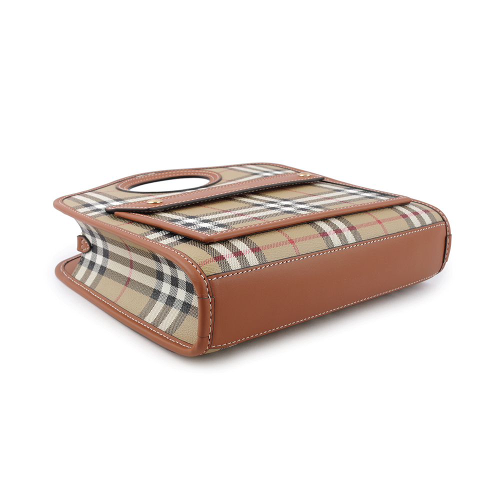 【BURBERRY】格紋拼皮革手提/斜背口袋包(Mini)(石楠木棕色) 8066166 A9534