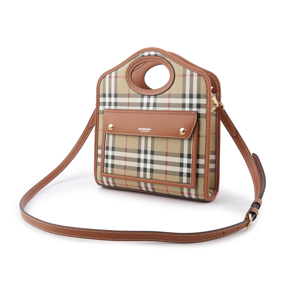 【BURBERRY】格紋拼皮革手提/斜背口袋包(Mini)(石楠木棕色) 8066166 A9534