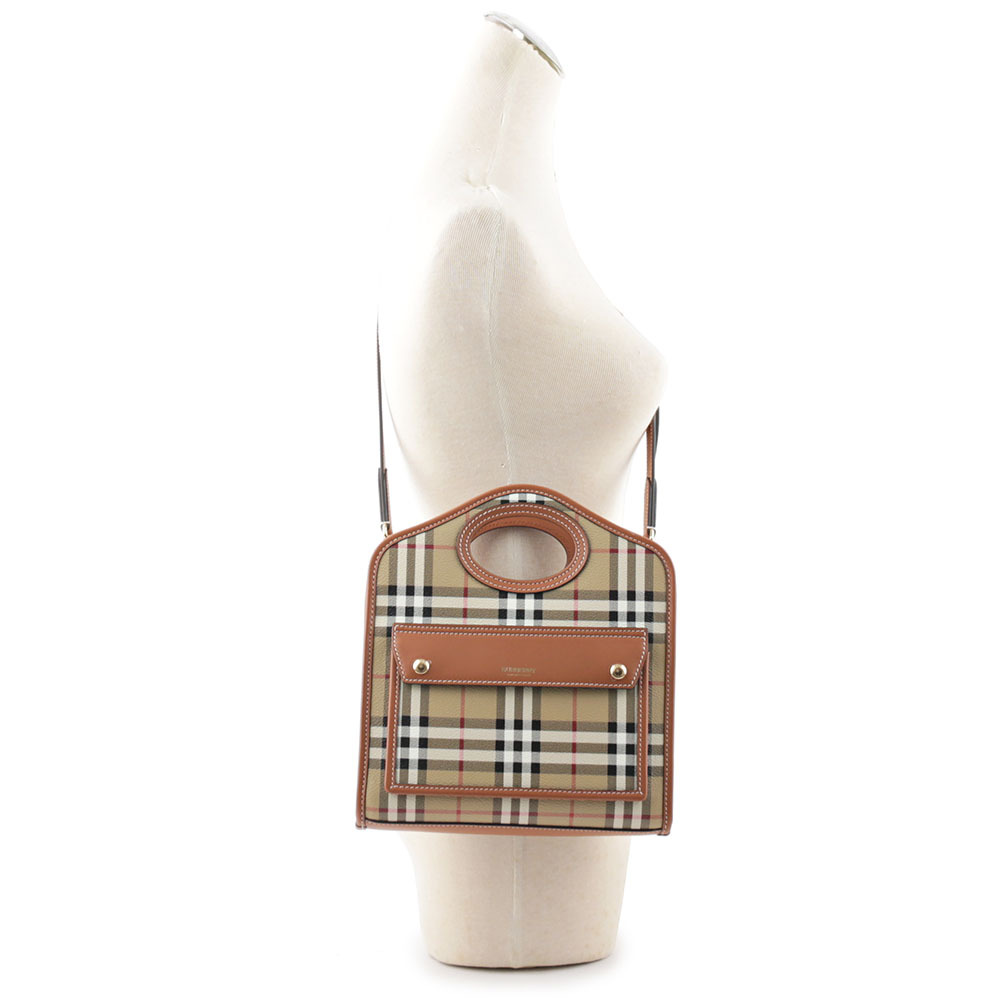 【BURBERRY】格紋拼皮革手提/斜背口袋包(Mini)(石楠木棕色) 8066166 A9534