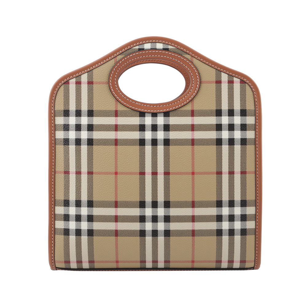 【BURBERRY】格紋拼皮革手提/斜背口袋包(Mini)(石楠木棕色) 8066166 A9534