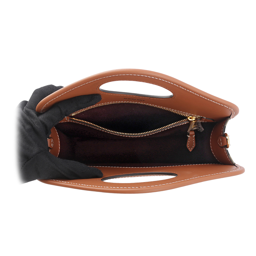 【BURBERRY】格紋拼皮革手提/斜背口袋包(Mini)(石楠木棕色) 8066166 A9534