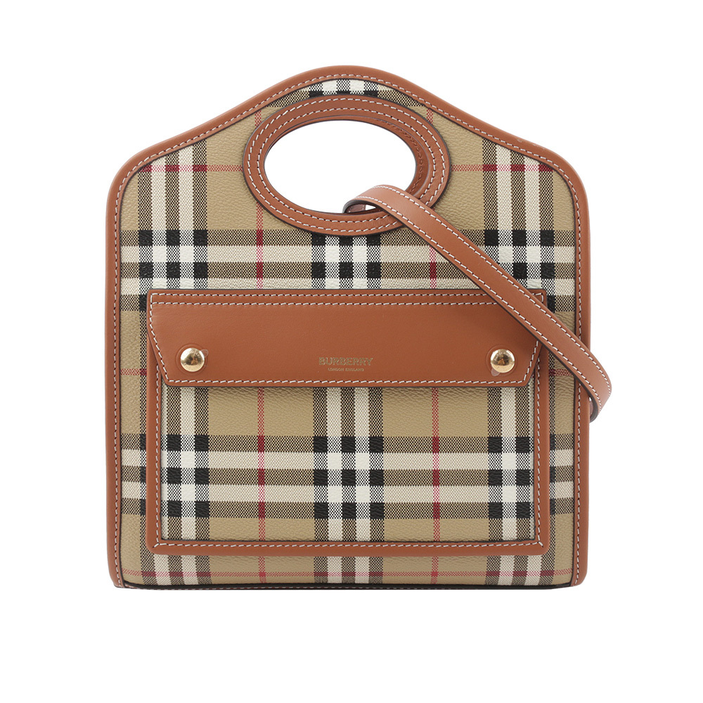【BURBERRY】格紋拼皮革手提/斜背口袋包(Mini)(石楠木棕色) 8066166 A9534