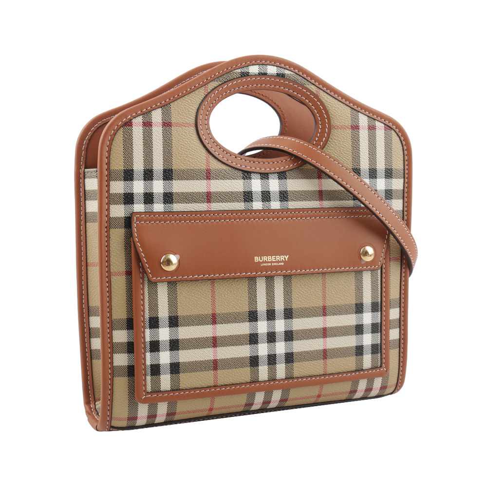 【BURBERRY】格紋拼皮革手提/斜背口袋包(Mini)(石楠木棕色) 8066166 A9534