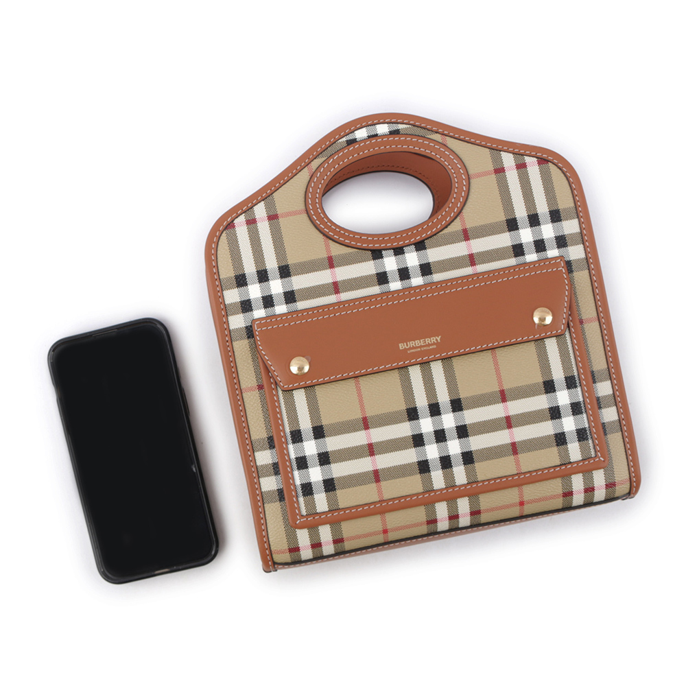 【BURBERRY】格紋拼皮革手提/斜背口袋包(Mini)(石楠木棕色) 8066166 A9534