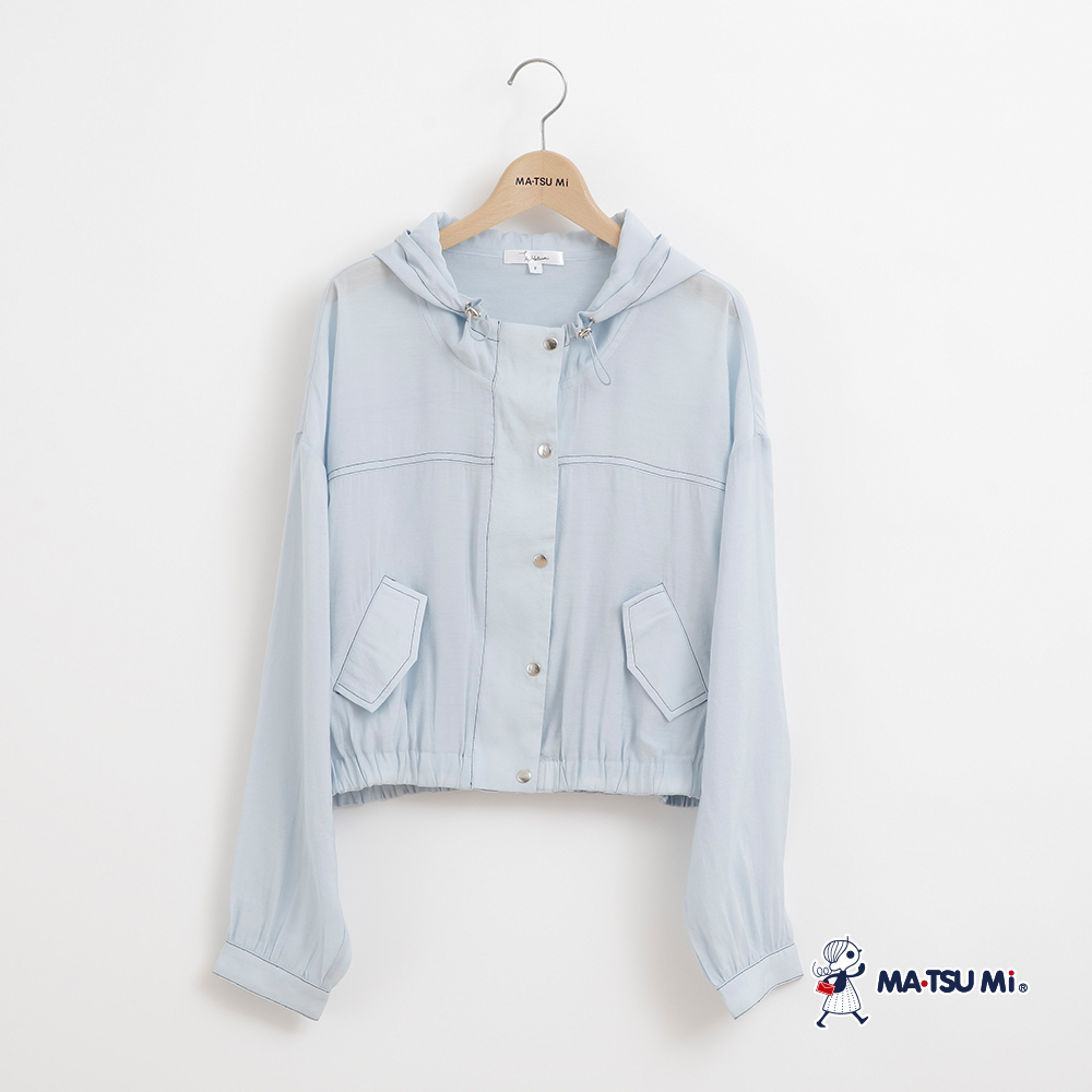 MA‧TSU Mi 撞色車線抽繩連帽薄外套(白.水藍)