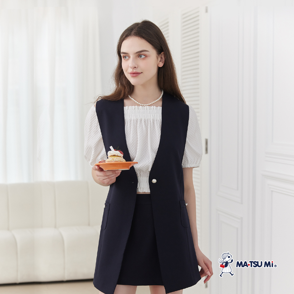 MA‧TSU Mi 立體凹凸質感鬆緊短上衣(白.水藍)