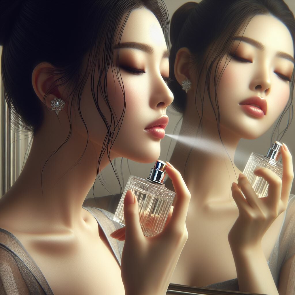 女人噴香水，對著鏡子