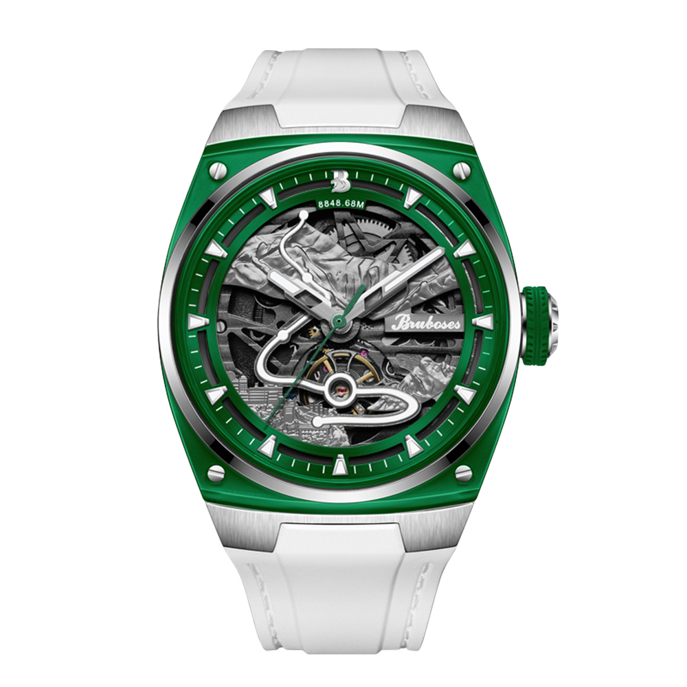 【Bruboses 巴伯思】(BBS)BBS-001-P聖母峰系列 造型鏤空 背蓋帶日期 防水30米 夜光指針 機械 手錶