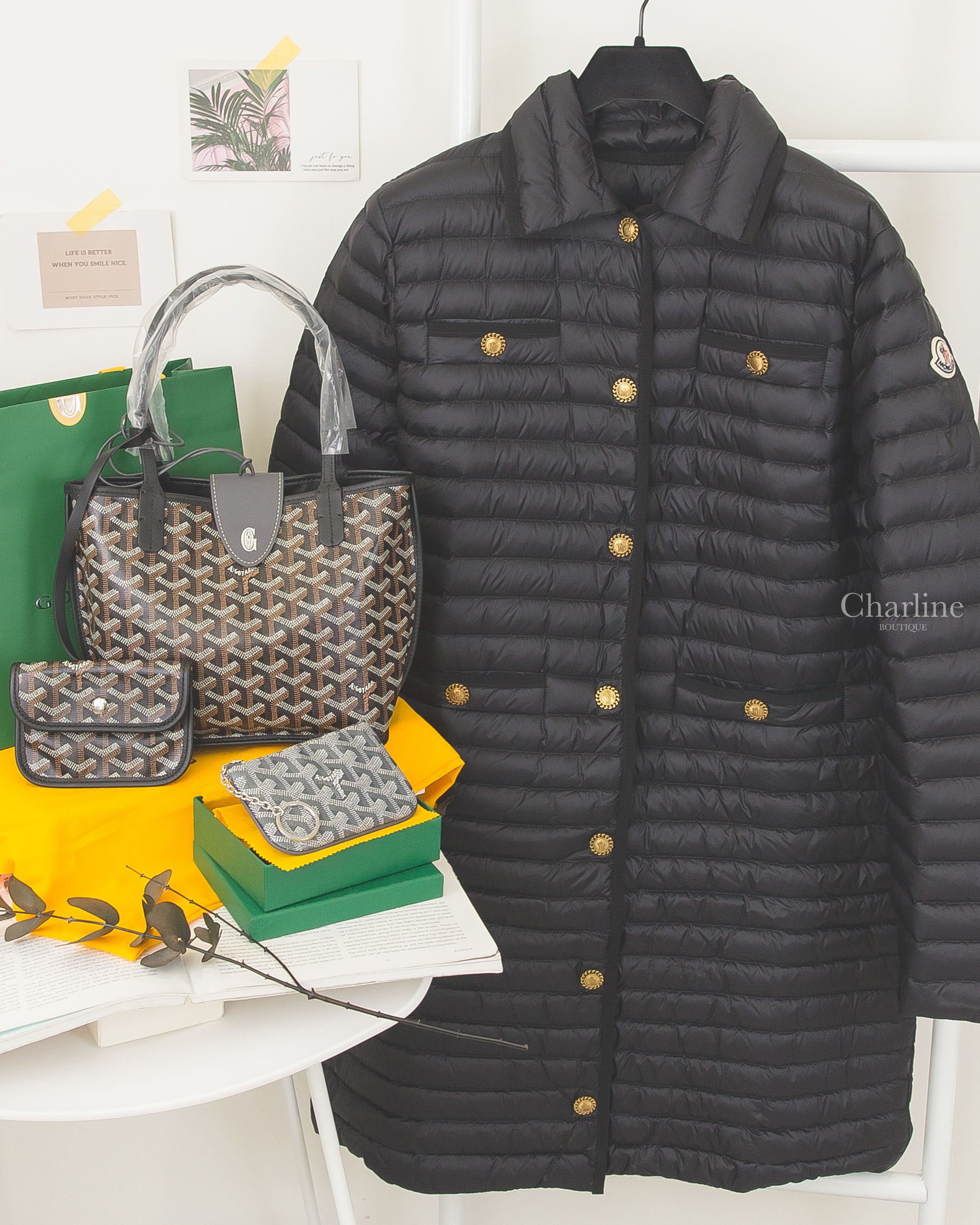Goyard Croc Universel 灰色小牛皮磁吸吊飾,Goyard Nano Key Pouch 灰色小牛皮黃色內裡銀釦拉鍊鑰匙零錢包,Goyard Anjou 黑色黑提把迷你無拉鍊托特包-Charline Boutique 精品代購