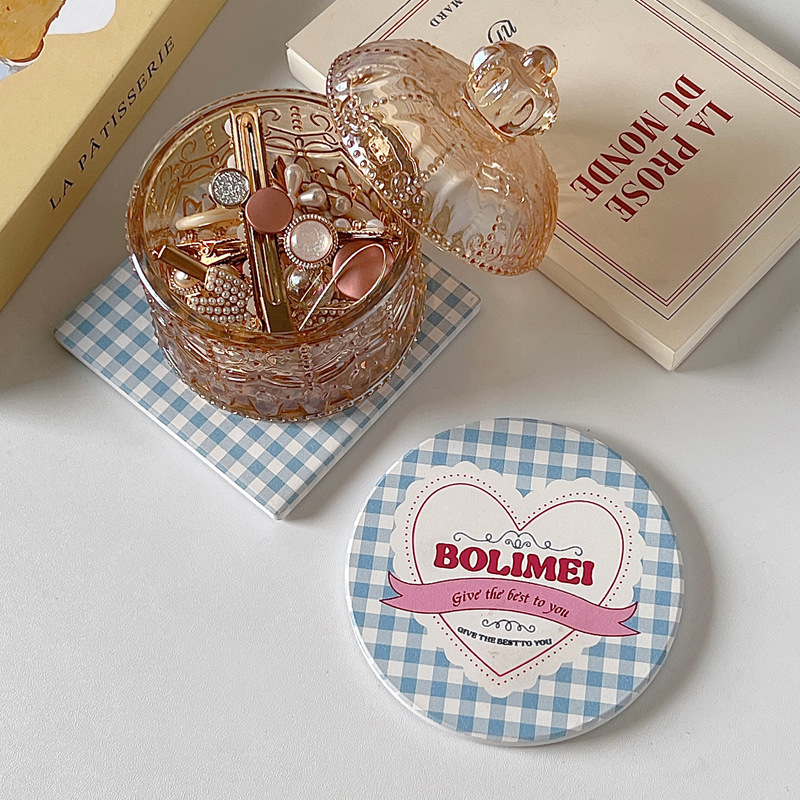 《4029》小清新藍格愛心吸水陶瓷杯墊