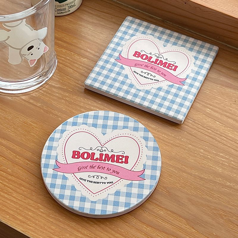 《4029》小清新藍格愛心吸水陶瓷杯墊