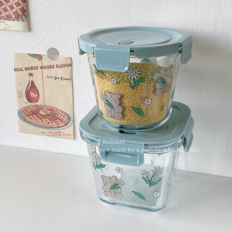 《4031》雛菊小熊耐熱可微波玻璃保鮮盒