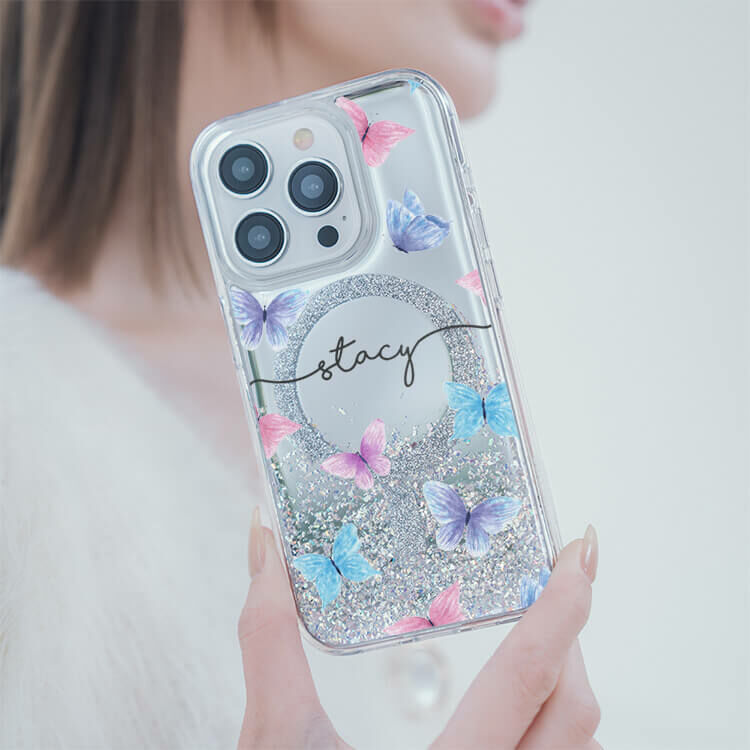 繽紛蝴蝶 (MagSafe磁吸) 閃耀鏡面殼 - (訂製名字) iPhone客製化手機殼