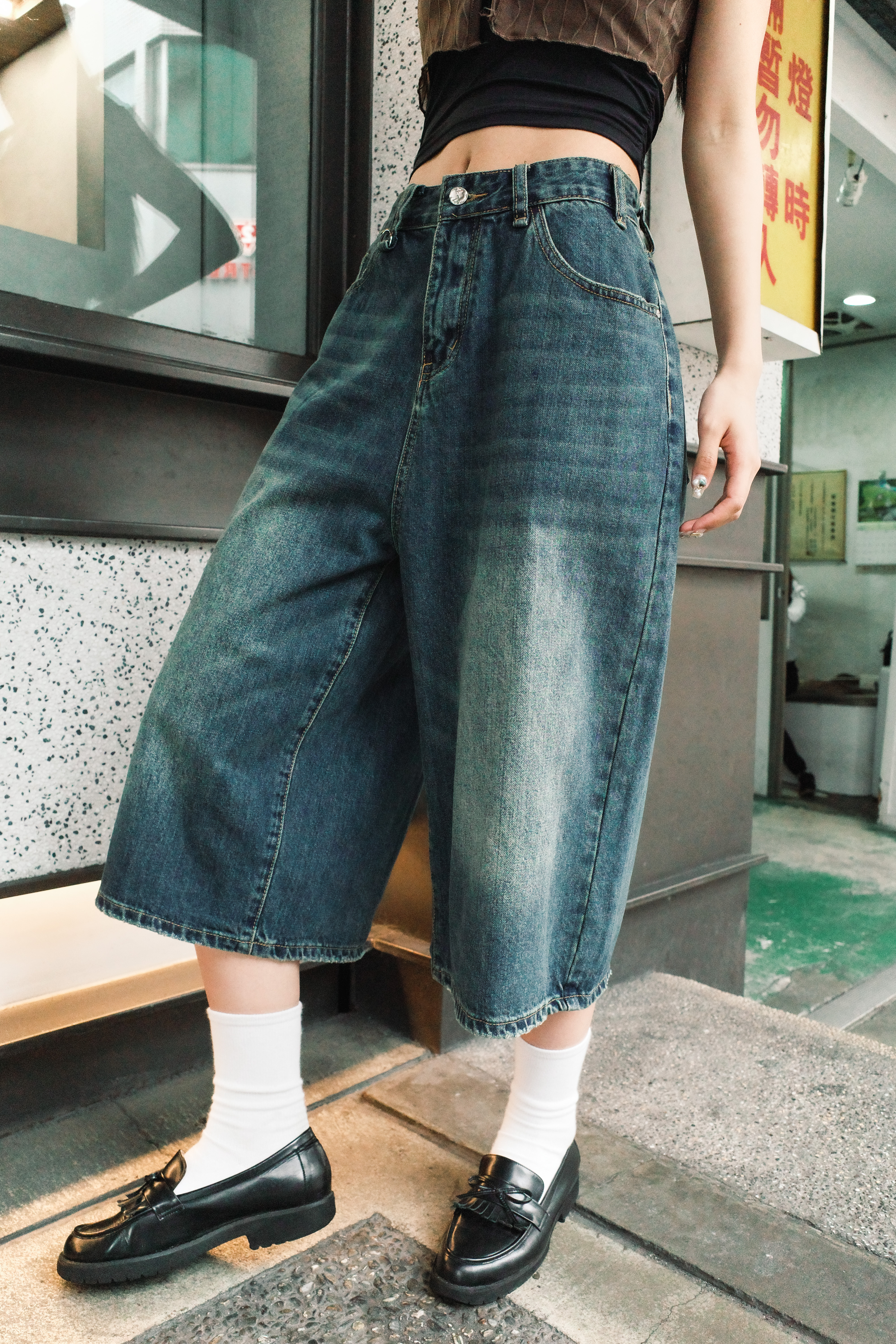 『Always_Good』水洗 闊腿 七分 牛仔 短褲