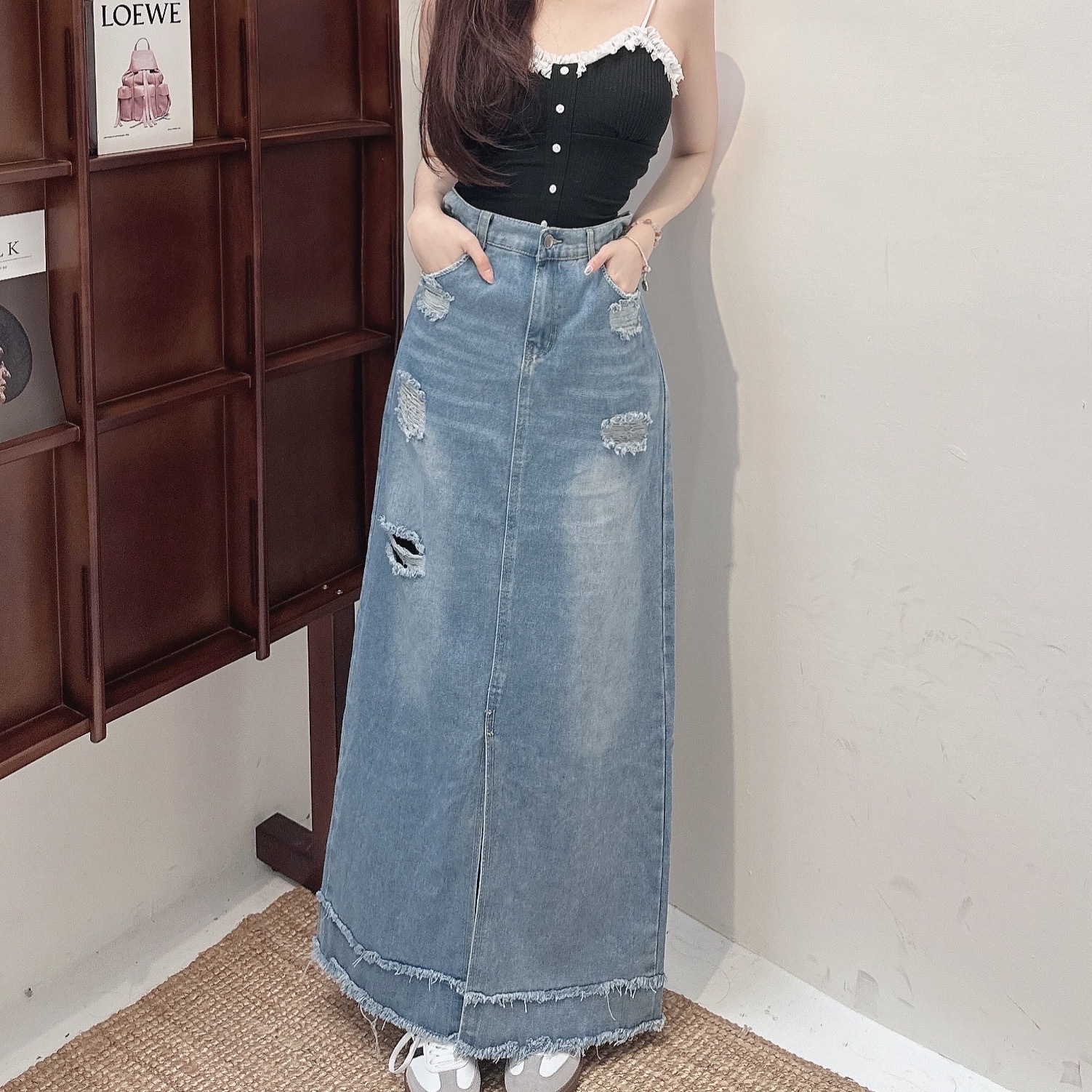 花苞破損落地牛仔長裙/單一色