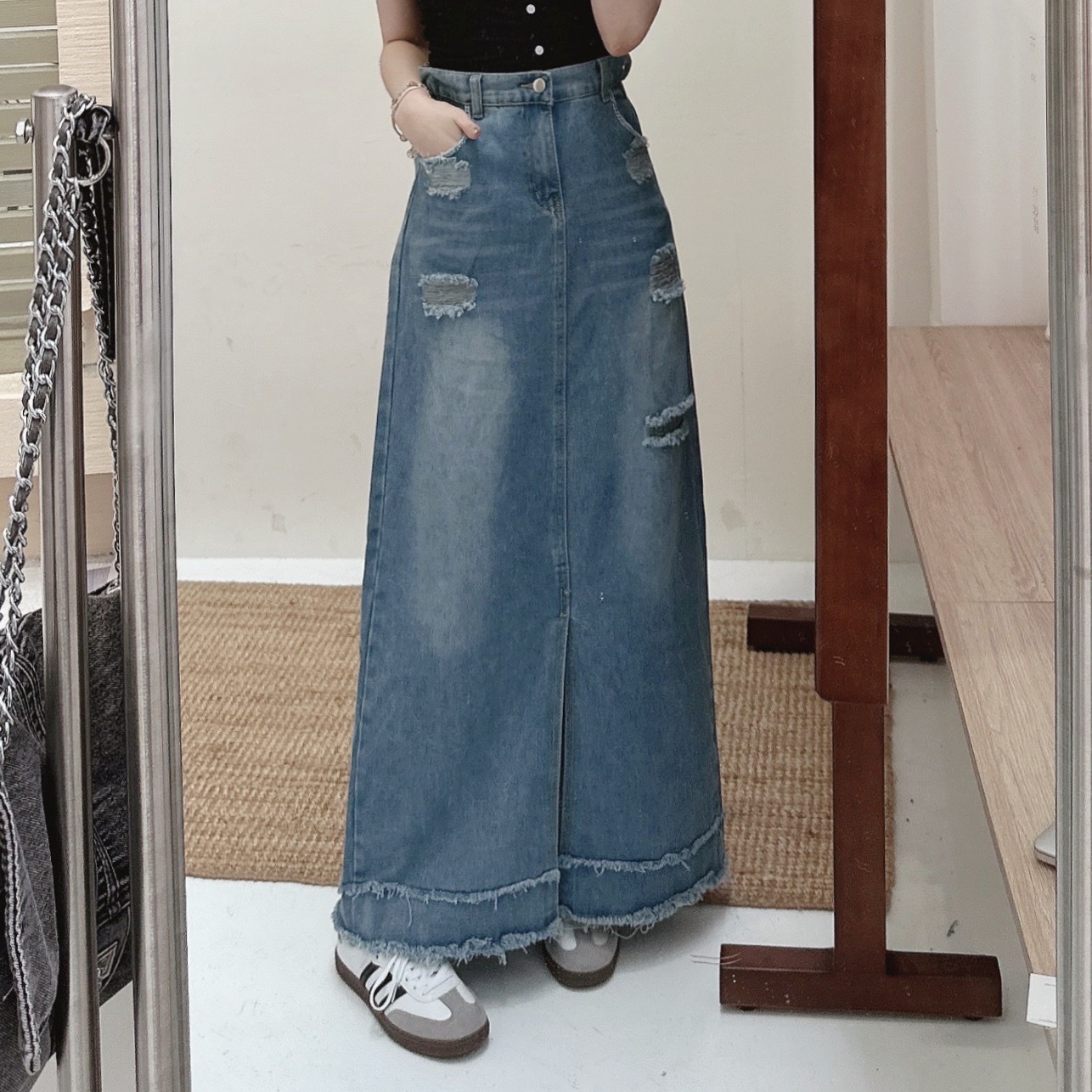 花苞破損落地牛仔長裙/單一色