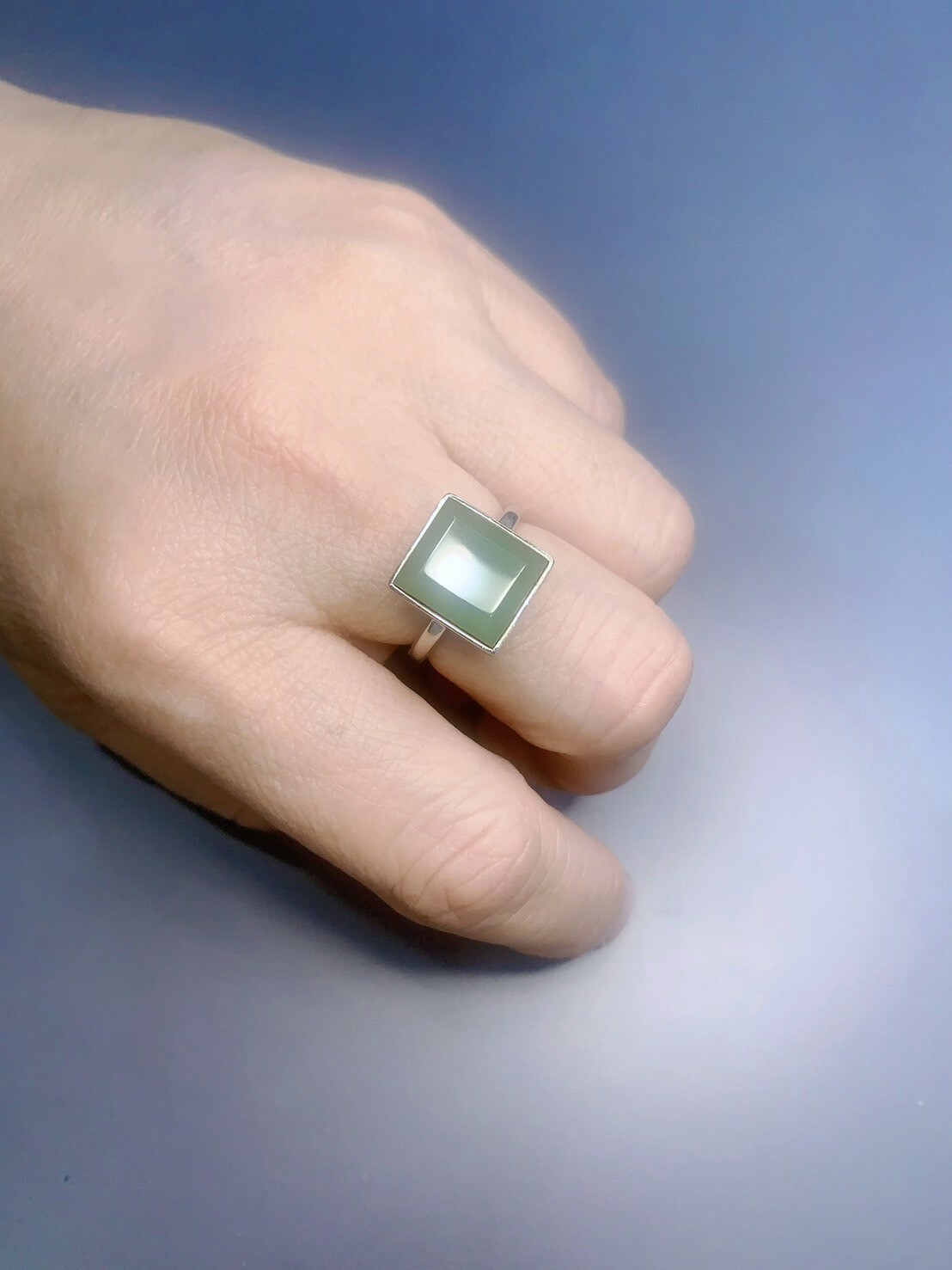 淡青丨和田青色手工銀鑲戒指