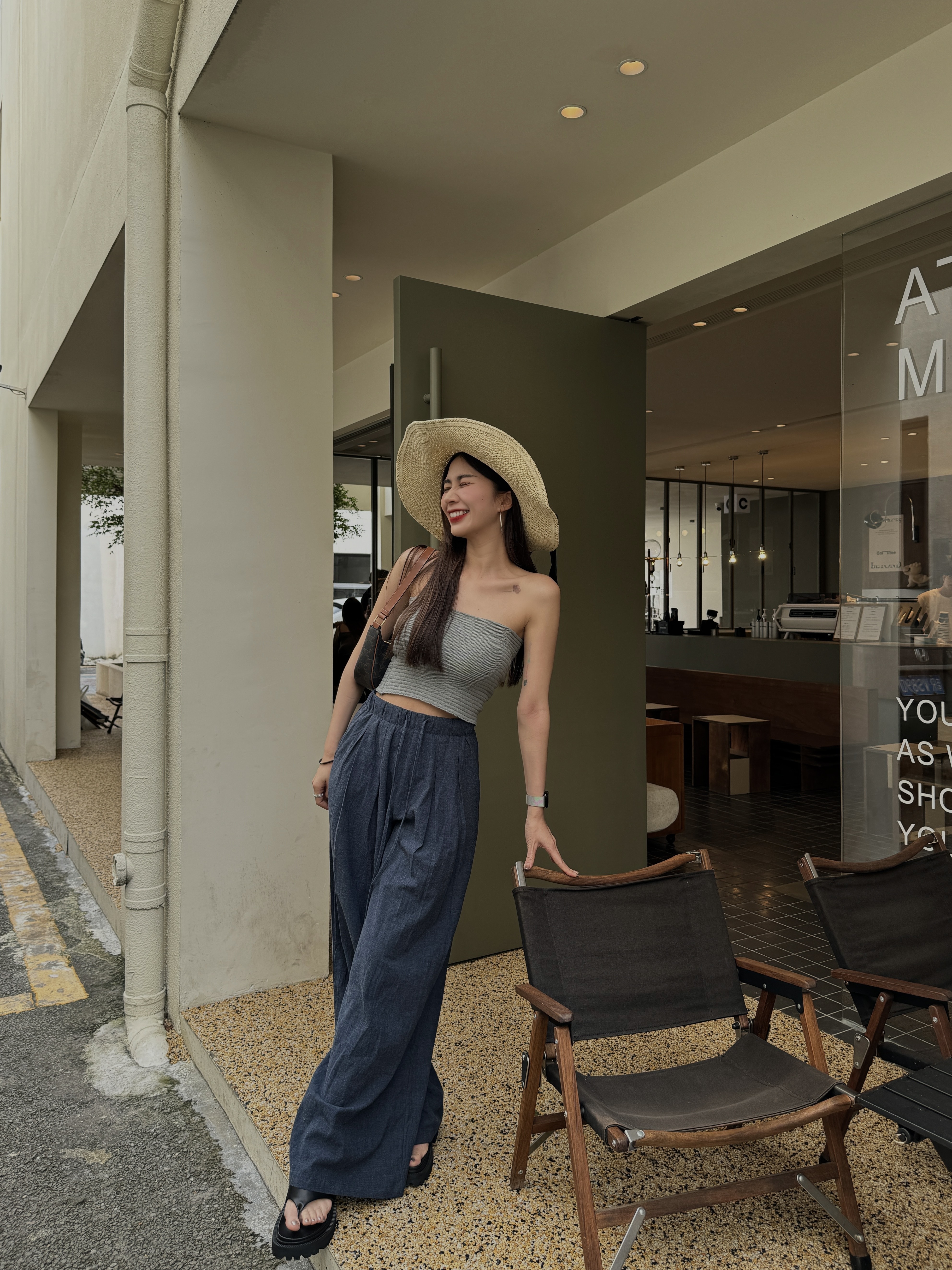 丹寧色系抽繩棉麻寬褲