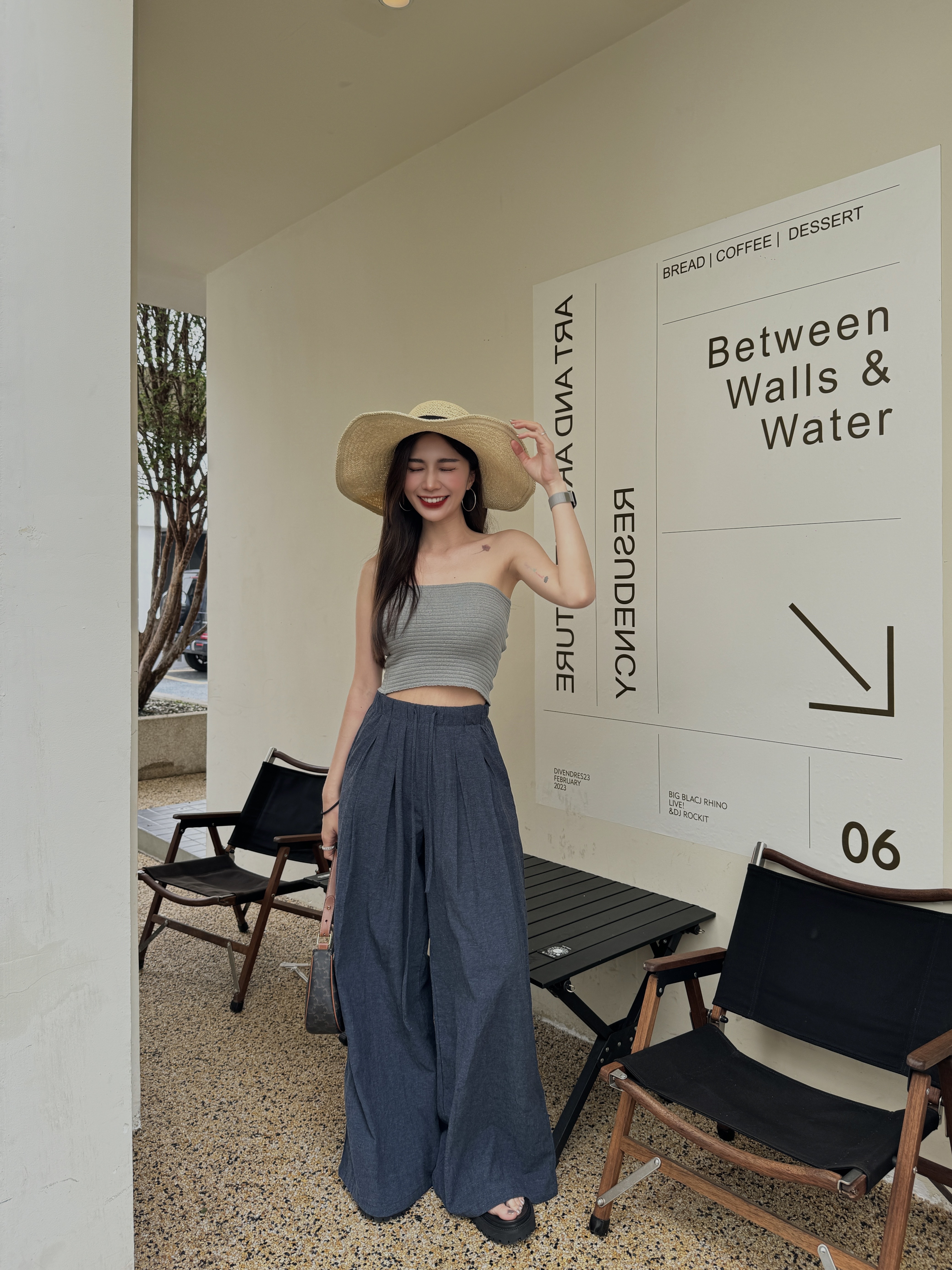 丹寧色系抽繩棉麻寬褲