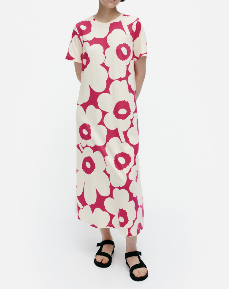 代購現貨 | Marimekko2024春夏 |cherry red x beige unikko長裙 Marimekko Pisteinen Unikko Jersey Dress