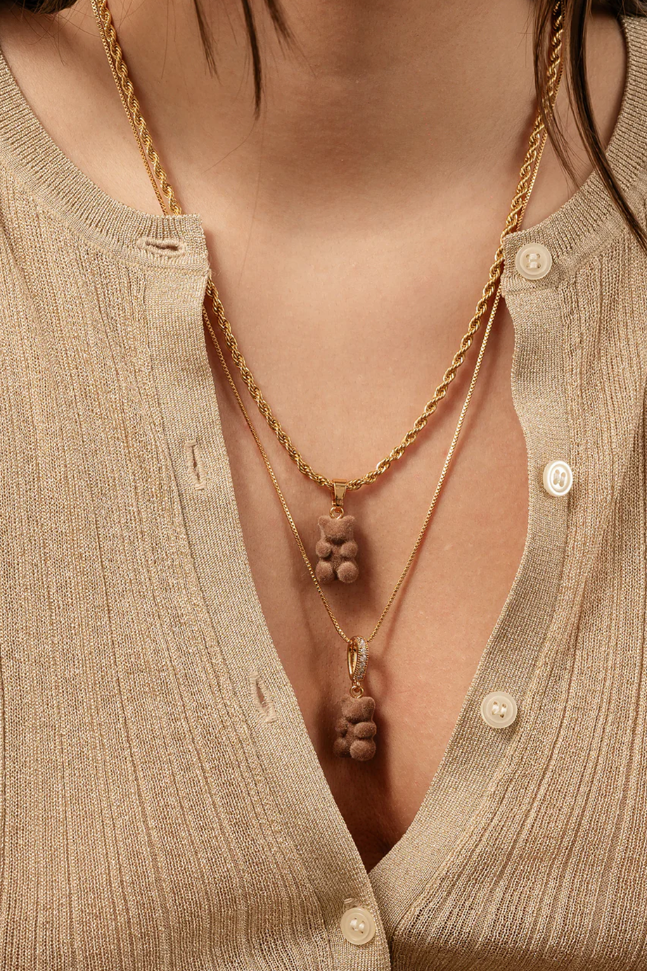 Crystal Haze｜NOSTALGIA BEAR 金色復古天鵝絨咖啡小熊墜飾