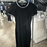 [S] KARL LAGERFELD LOGO TAPE PUFF SLEEVE TEE DRESS,BLACK, L4TD7463-BLK (SKL986)