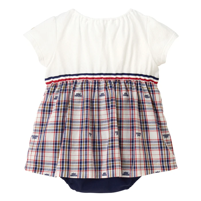 MIKI HOUSE BEAR蝴蝶結格紋短袖連身衣-藏藍&白