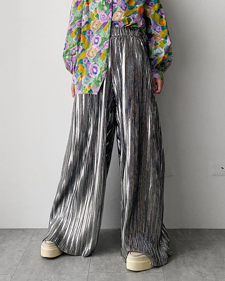 MFP-2513 銀色打褶寬褲