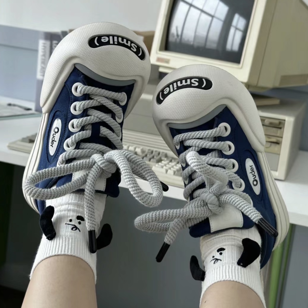 Ouder Smiler 開口笑 圓頭 厚底 低筒 帆布鞋 平民版 解構 藍白