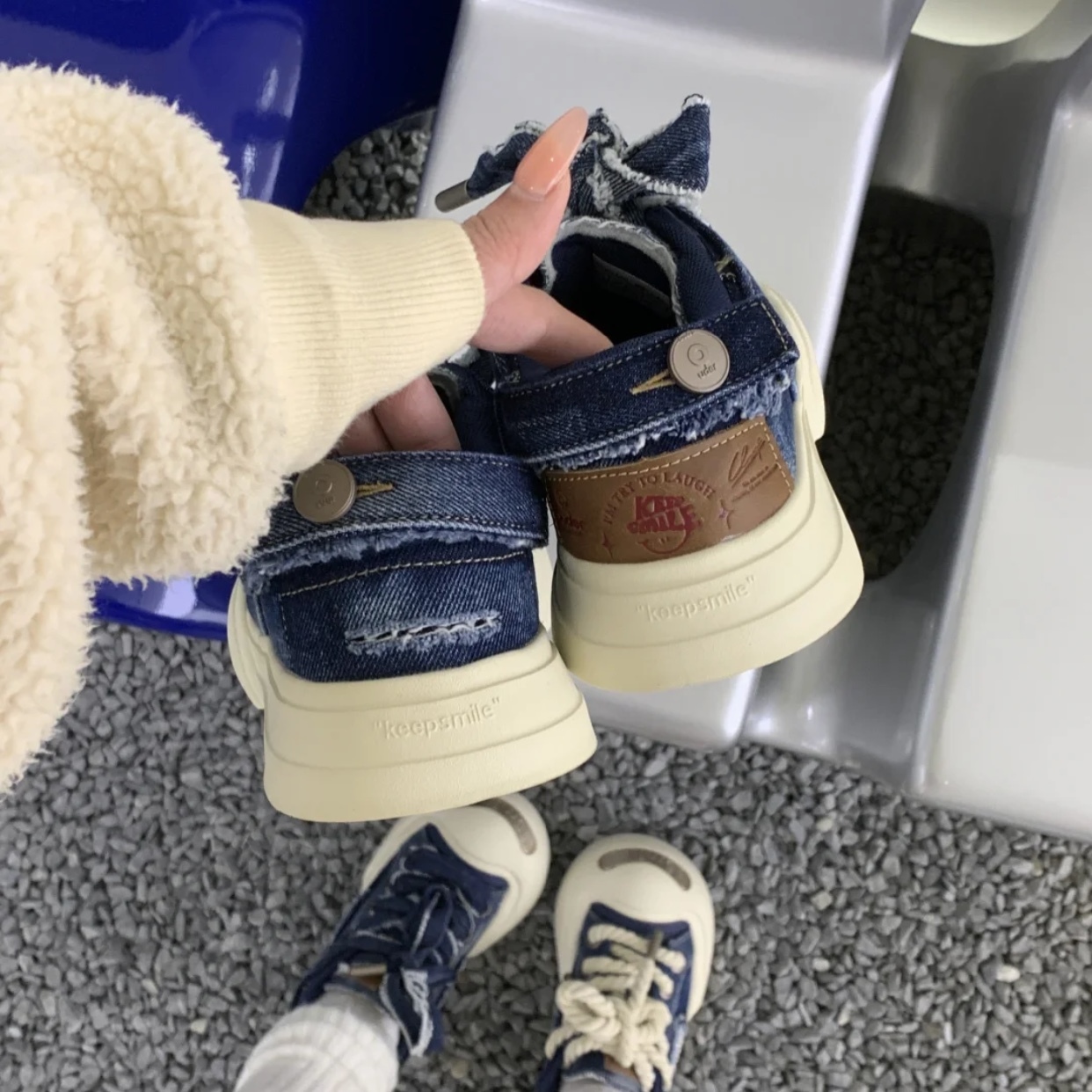 Ouder Smiler 開口笑 圓頭 厚底 低筒 帆布鞋 平民版 解構 牛仔藍