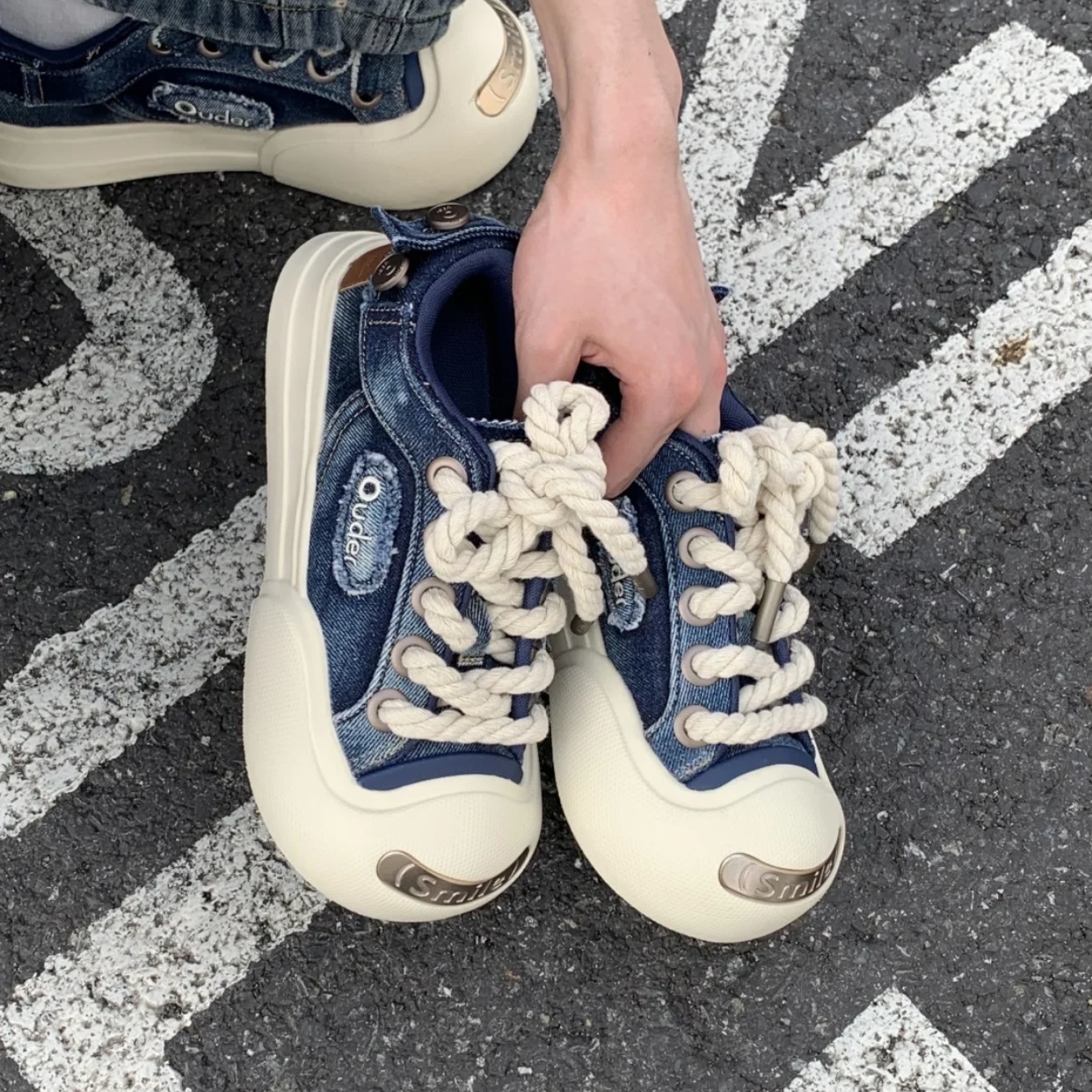 Ouder Smiler 開口笑 圓頭 厚底 低筒 帆布鞋 平民版 解構 牛仔藍