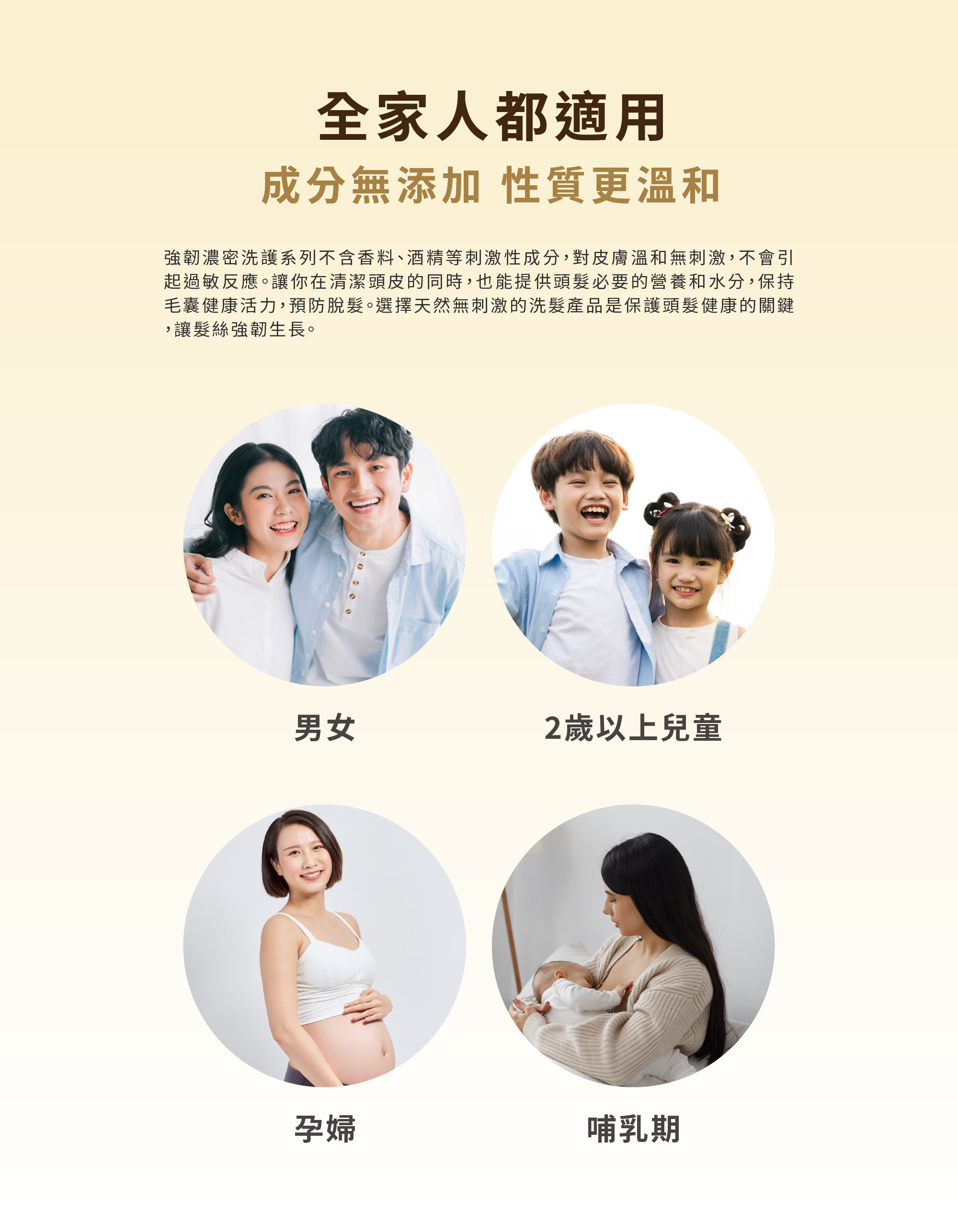 強韌濃密洗護系列不含香料、酒精等刺激性成分，對皮膚溫和無刺激，不會引起過敏反應。讓你在清潔頭皮的同時，也能提供頭髮必要的營養和水分，保持毛囊健康活力，預防脫髮。選擇天然無刺激的洗髮產品是保護頭髮健康的關鍵，讓髮絲強韌生長。