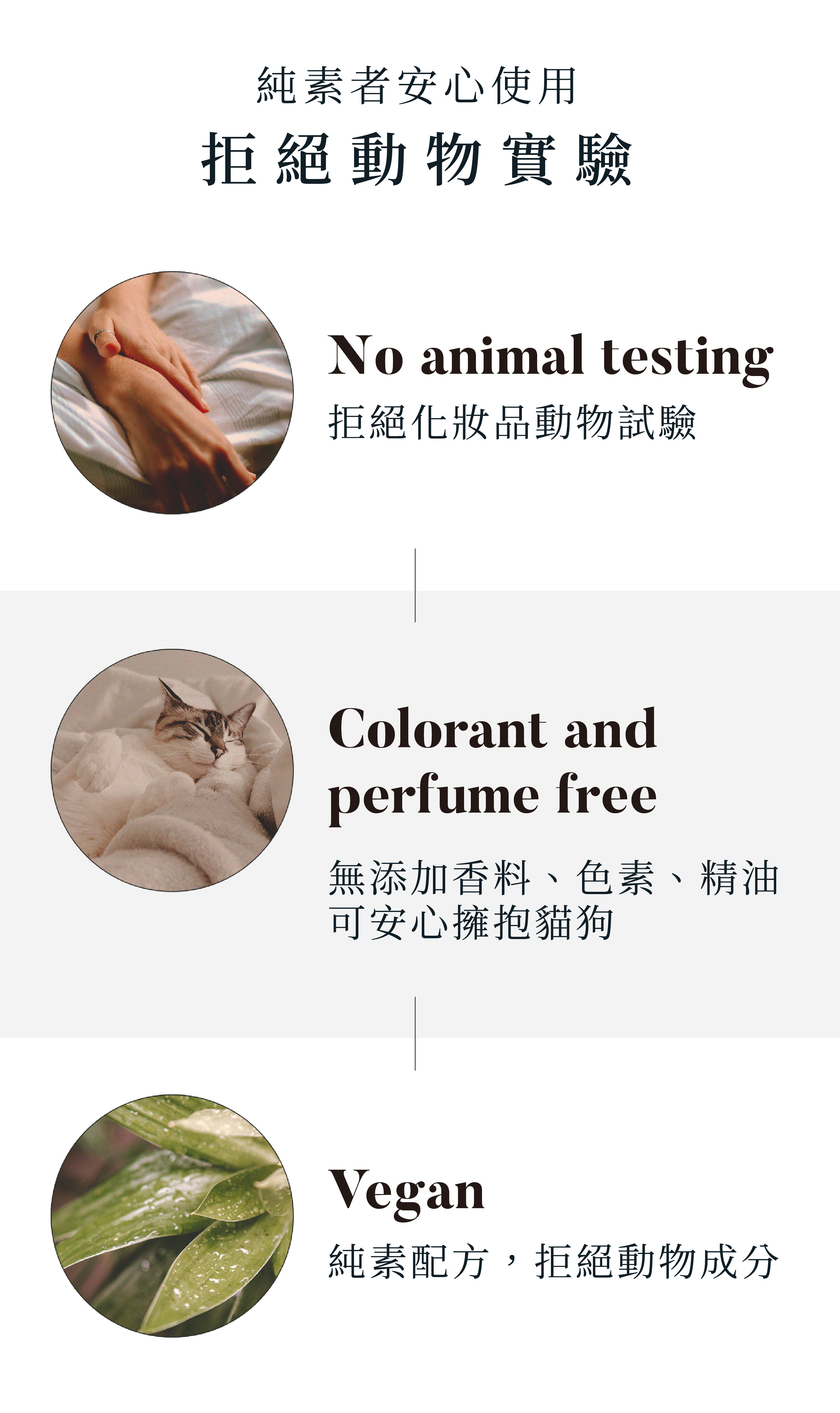 decent rossi產品的製作理念：拒絕化妝品動物實驗，只用Rossi藥師比小老鼠還脆弱的肌膚實驗。無添加香料、色素、精油，可安心擁抱貓狗，減少寵物接觸舔拭造成肝腎負擔。純素配方，拒絕動物成分，認同動物保護理念/純素者請安心使用。