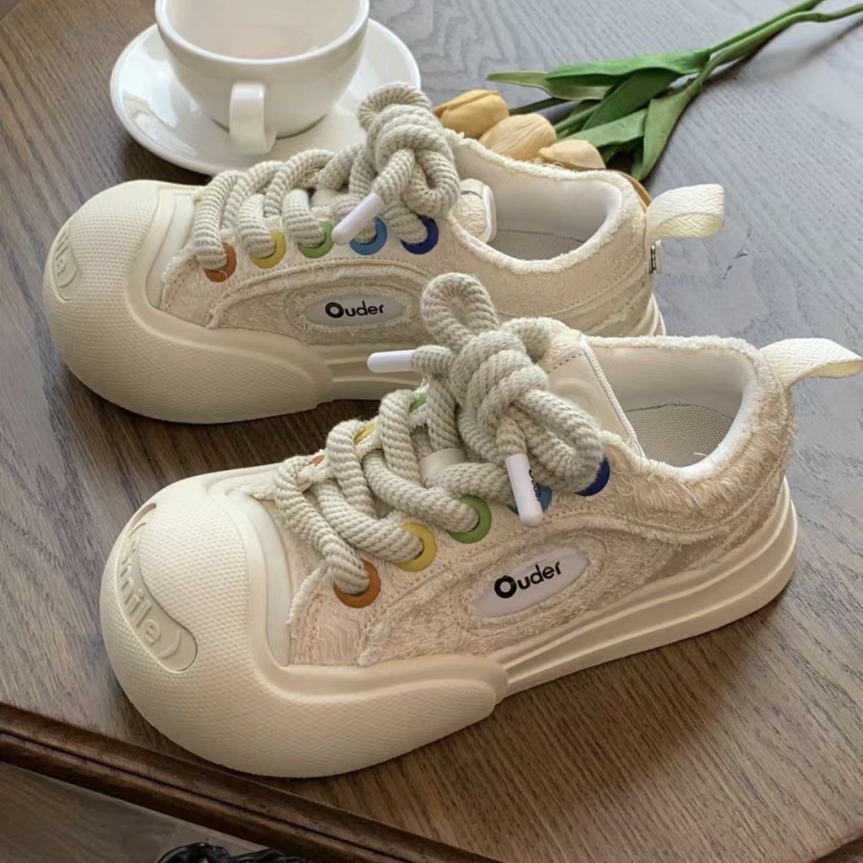 Ouder Smile 開口笑 圓頭 厚底 低筒 帆布鞋 平民版 解構 白山茶