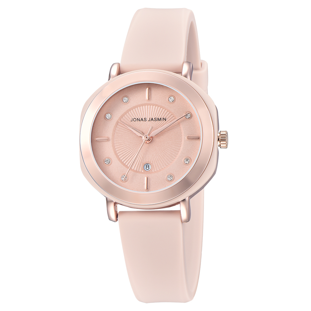 【Jonas Jasmin 喬納斯】JJ-2212L-P玫瑰金框圓矩邊女款矽膠石英錶-