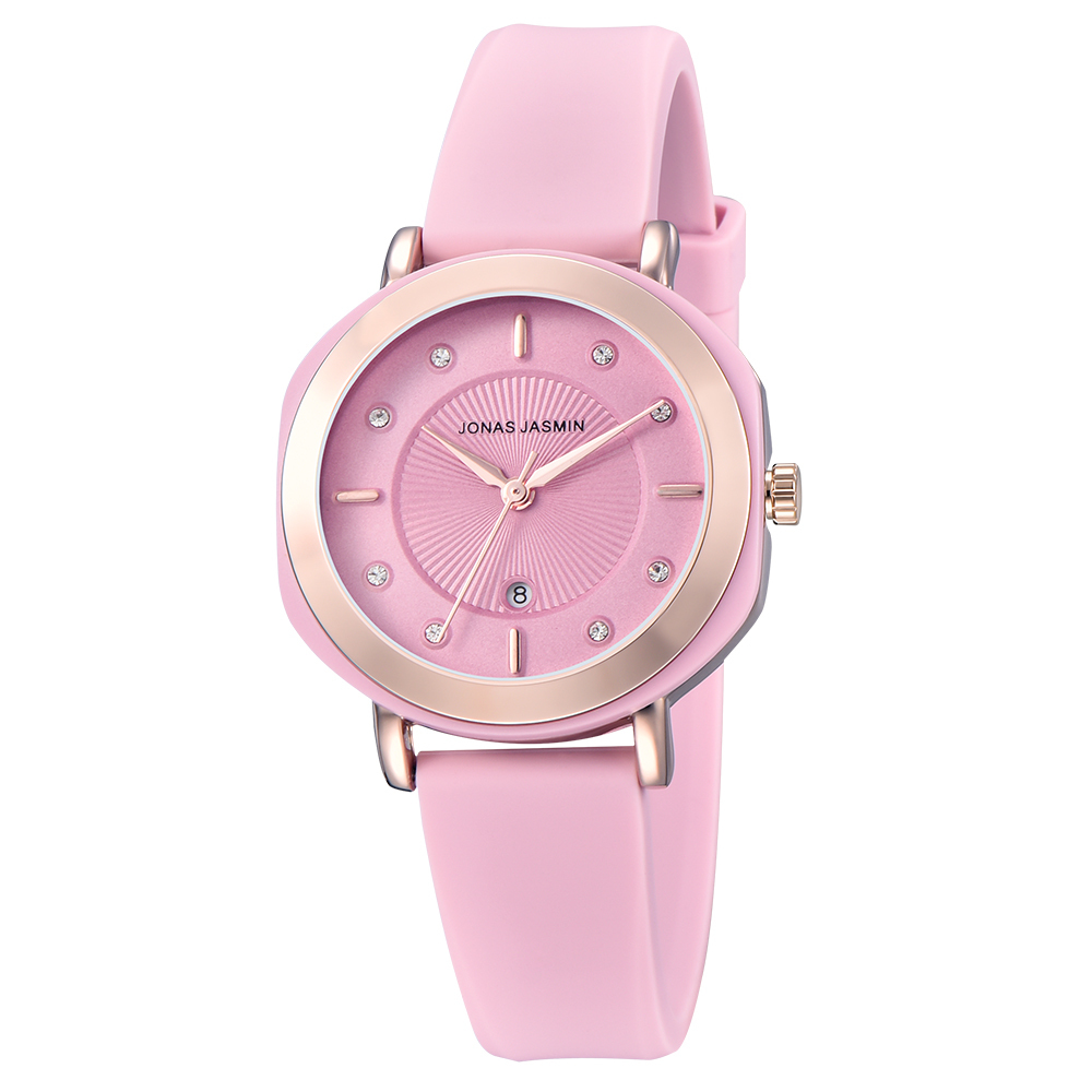 【Jonas Jasmin 喬納斯】JJ-2212L-P玫瑰金框圓矩邊女款矽膠石英錶-