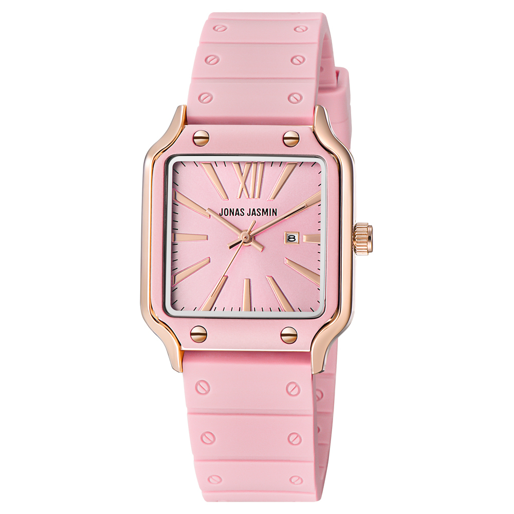 【Jonas Jasmin 喬納斯】JJ-2221L-P玫瑰金框女款矽膠石英錶-