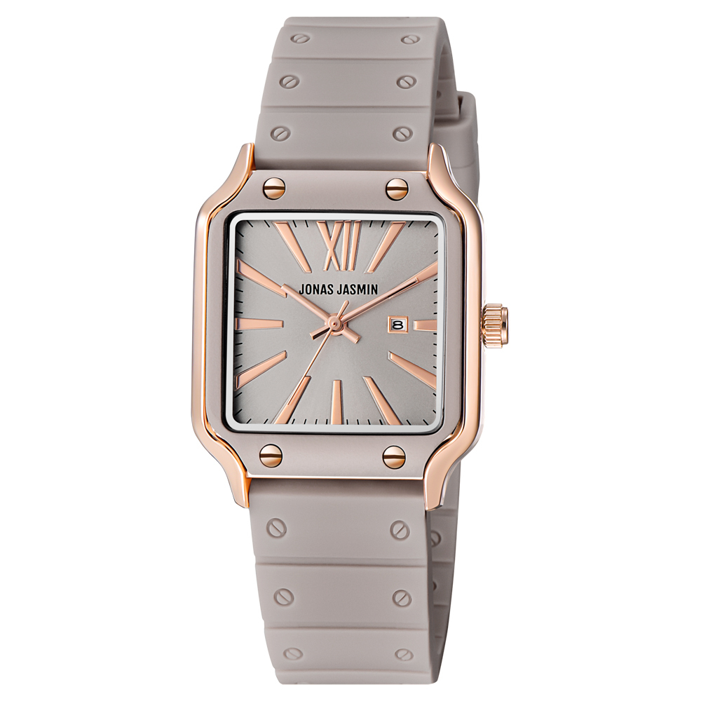 【Jonas Jasmin 喬納斯】JJ-2221L-P玫瑰金框女款矽膠石英錶-