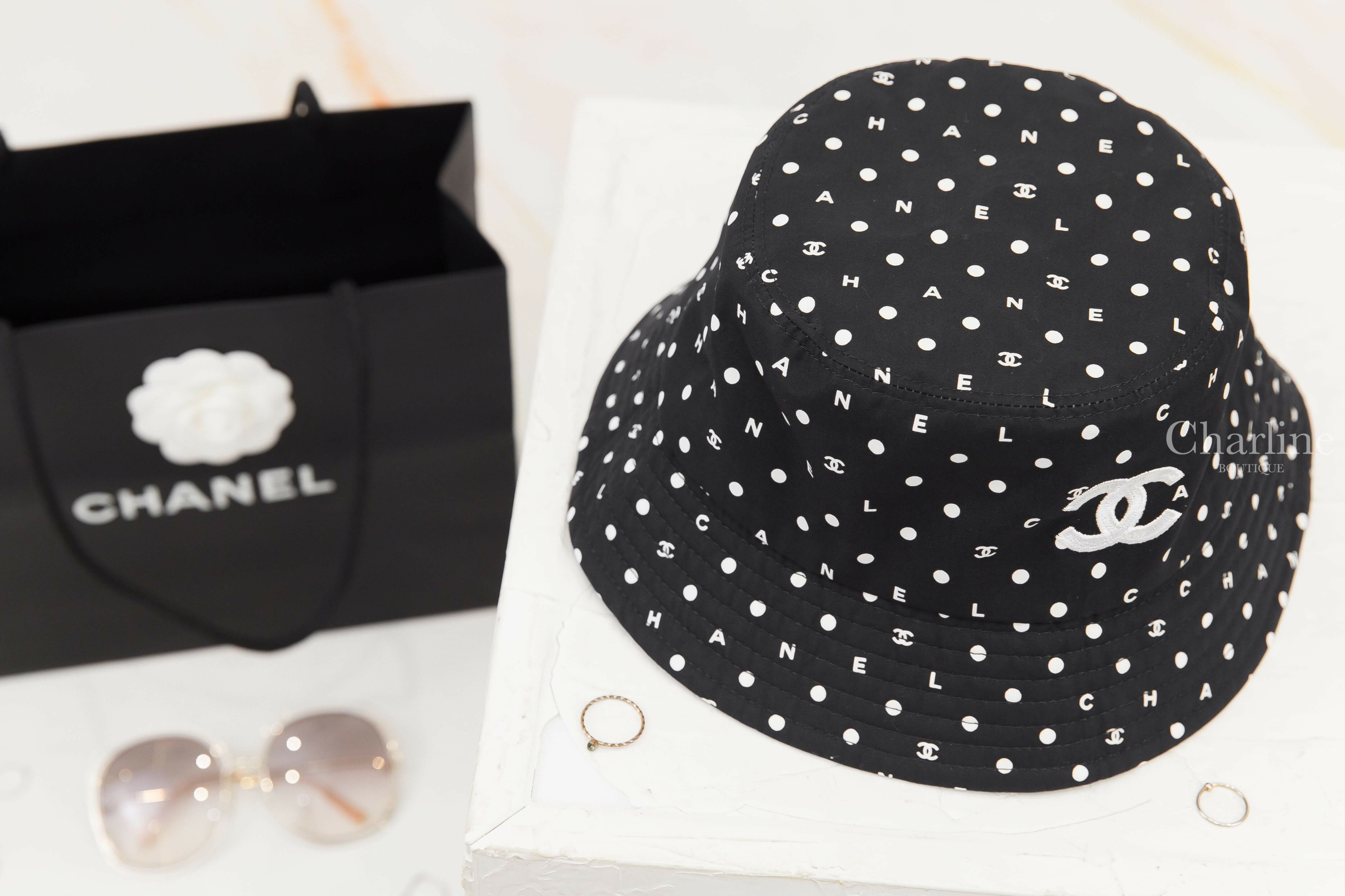 Chanel Hat 黑底白CC滿版字母點點棉質漁夫帽-Charline Boutique精品代購