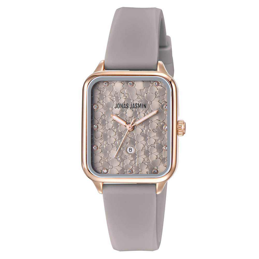 【Jonas Jasmin 喬納斯】JJ-2238L-P 高尚絢麗多彩花海浮雕鑽圈錶盤女款矽膠石英錶-